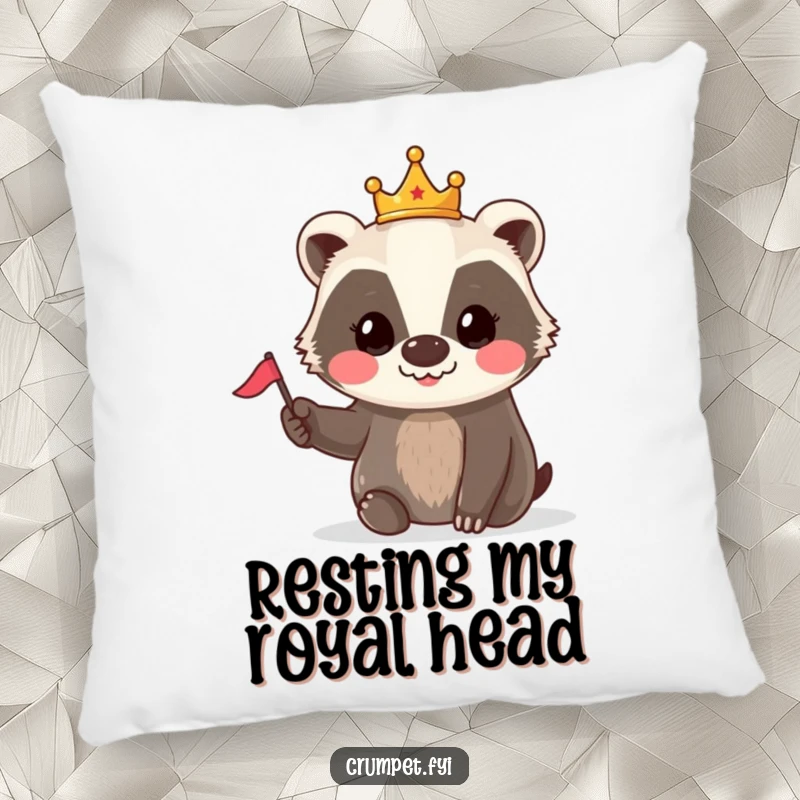 Funny Badger Crown Flag Pillow: A smiling badger wearing a tiny crown waves a small flag, offering cozy, royal comfort.