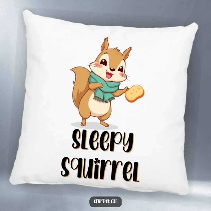 Funny squirrel wearing a scarf doing a silly jig with a crumpet on a decorative pillow.