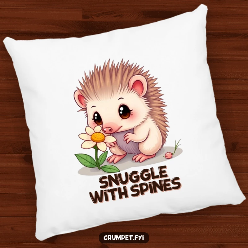 Funny echidna pillow featuring a curious echidna with wide eyes sniffing a flower. A soft and humorous accent for any room.