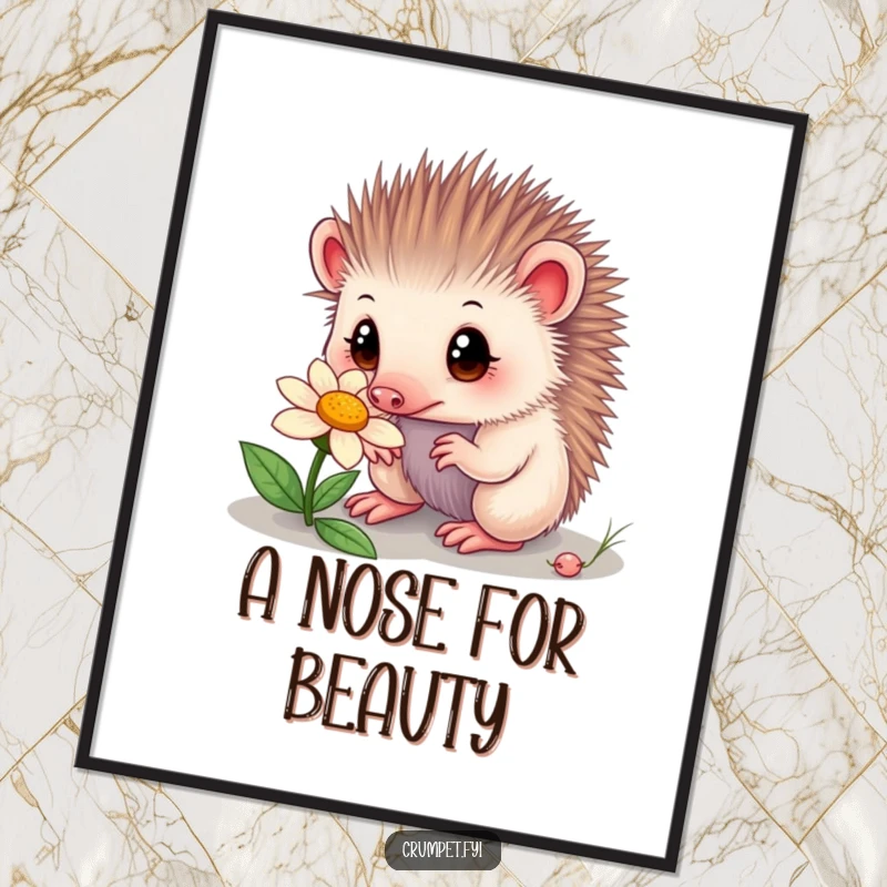 Funny echidna digital art print of a curious echidna with wide eyes sniffing a flower. A charming and humorous piece for nature enthusiasts.