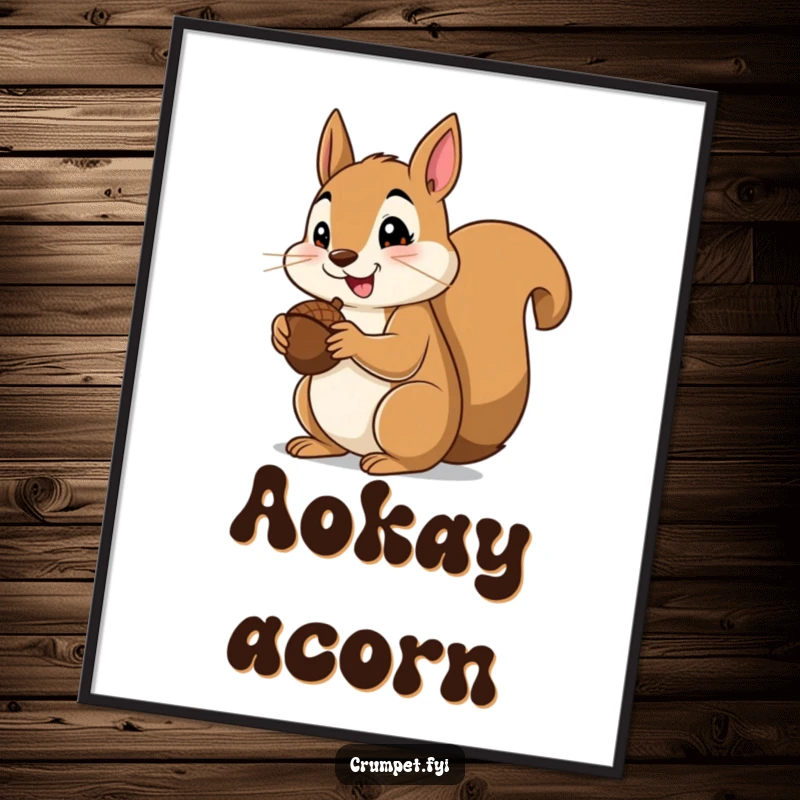 Funny squirrel digital art print of a happy squirrel giving a thumbs up while eating an acorn, perfect for cheerful decor.