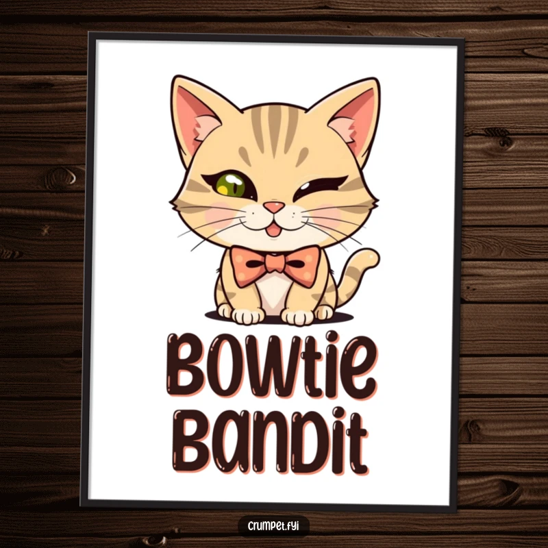 Funny mischievous cat wearing a bowtie, winking, as a digital art print for instant humorous decor.
