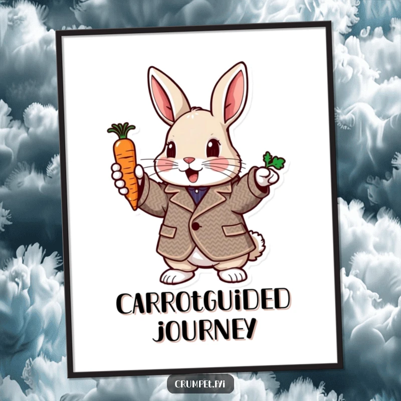 Funny rabbit digital art print of a rabbit in a tweed jacket pointing with a carrot, whimsical decor, great gift.