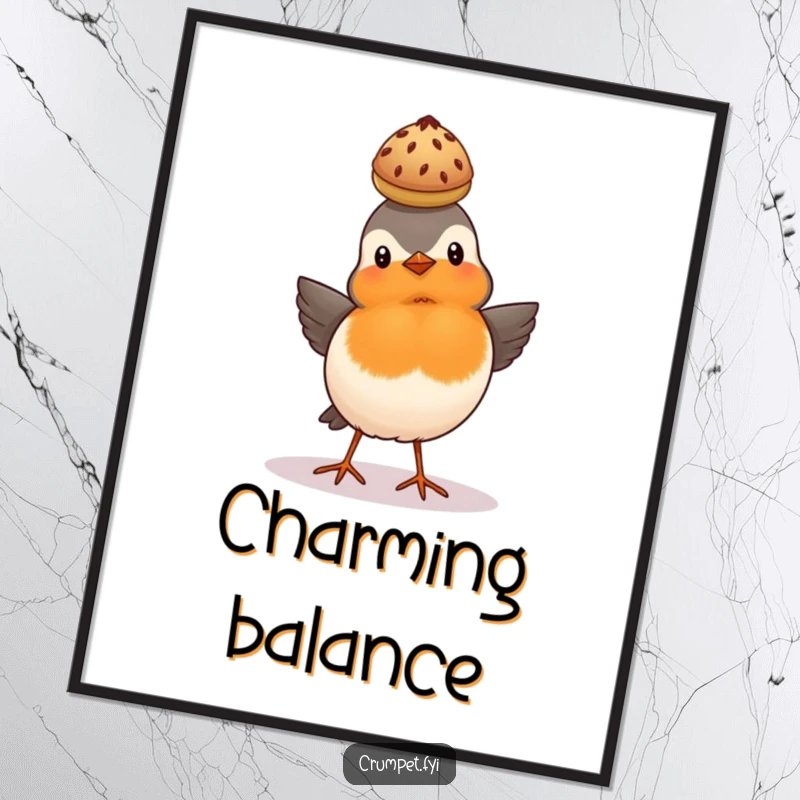 Funny proud robin balancing a scone on its head, British bird digital art print.