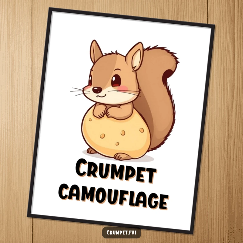 Funny digital art print of a mischievous squirrel peeking from behind a large crumpet, full of playful charm.