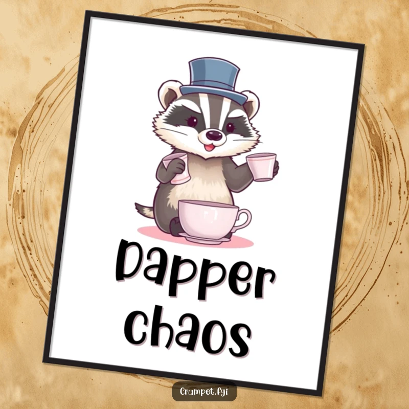 Funny Badger Digital Art Print of a badger wearing a top hat, juggling teacups with impressive skill, ideal for digital display.
