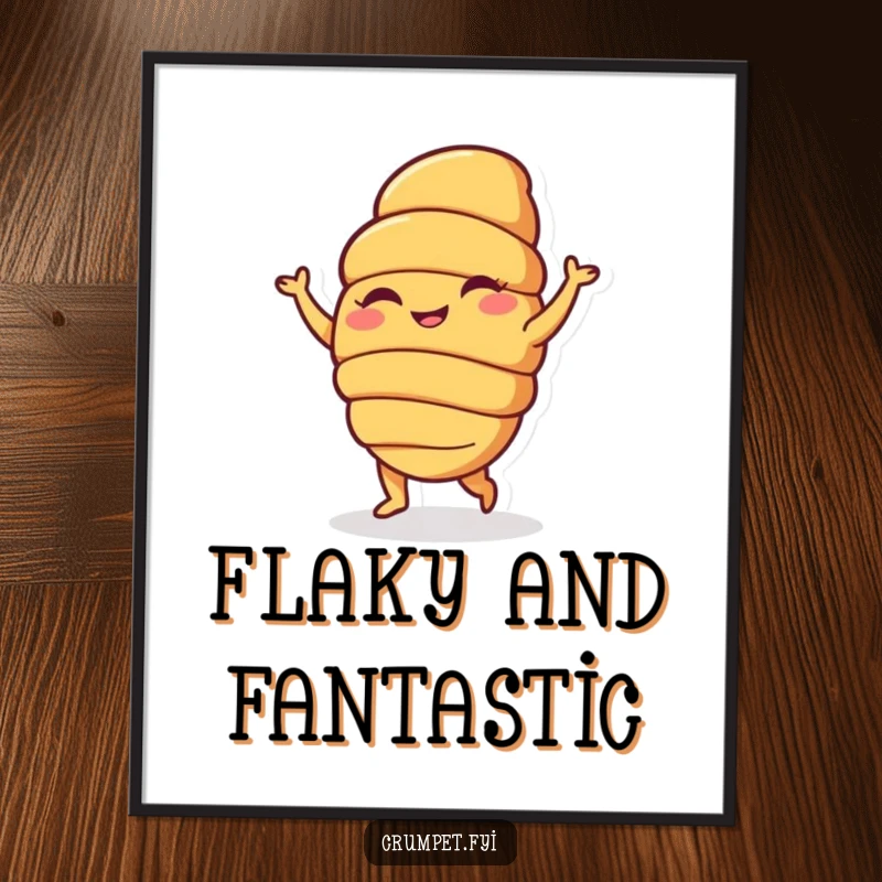 Funny digital art print of a happy croissant character doing a silly dance, offering instant baked goods charm and humor for wall decor, perfect funny gift.