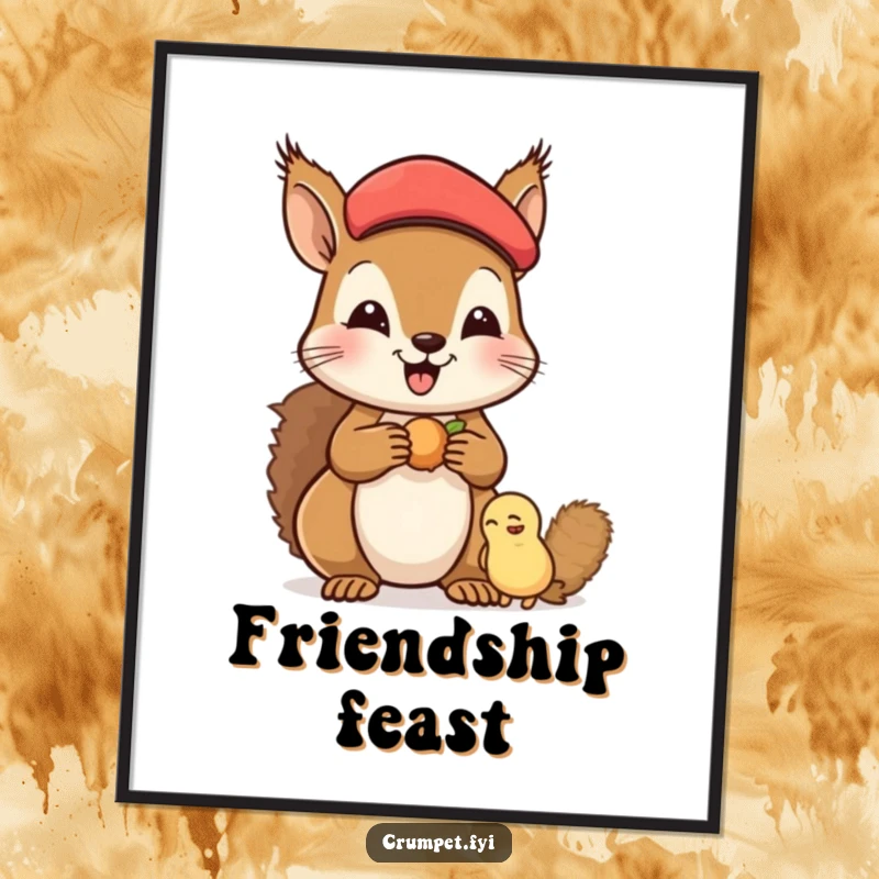 Funny Digital Art Print of a happy squirrel in a beret sharing nuts with a friend, ready to be printed and displayed anywhere.