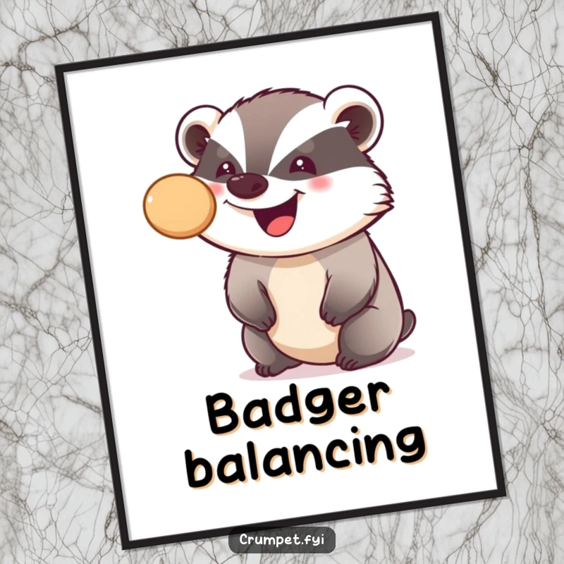 Funny digital art print of a smiling badger skillfully balancing a crumpet on its nose, bringing whimsical humor to decor.