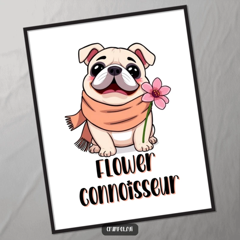 Funny Digital Art Print of a content bulldog wearing a scarf, happily sniffing a flower, ready to be printed and displayed anywhere.