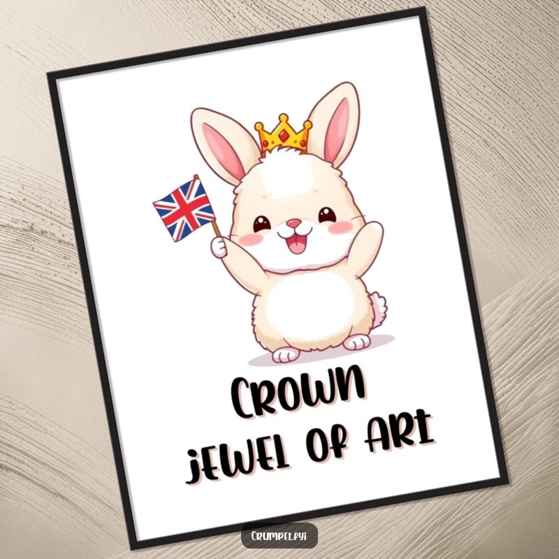 Funny Bunny Digital Art: A fluffy bunny in a crown joyfully waves a tiny Union Jack, offering instant downloadable British humor.