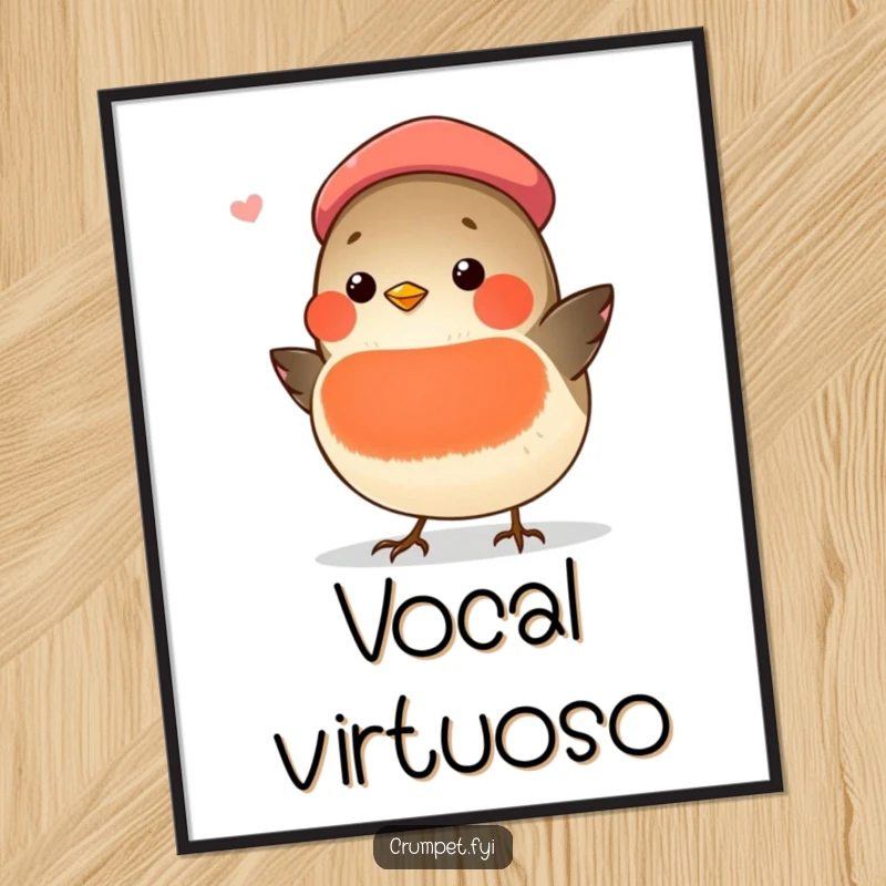 Funny chubby robin wearing a beret, singing, as a digital art print for instant humorous decor.