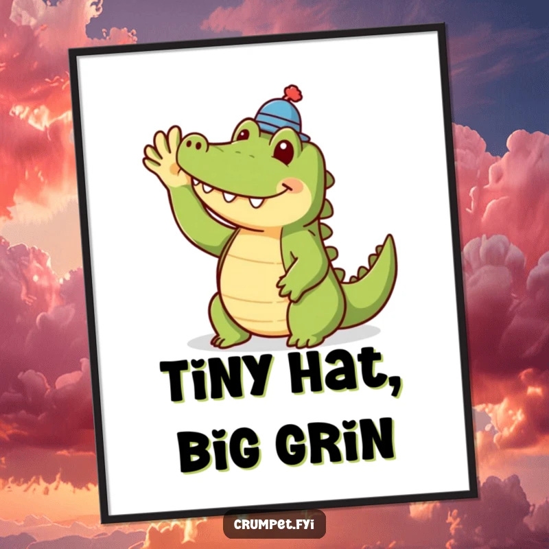 Funny crocodile digital art print of a smiling crocodile in a tiny hat waving hello. A charming and humorous piece for digital frames.