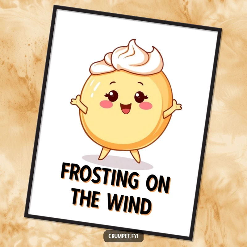 Funny digital art print of a cheerful Danish pastry character with frosting hair, happily twirling with joy.