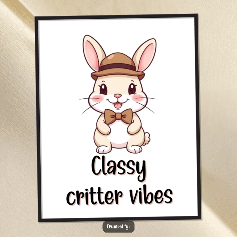 Funny digital art print of a happy rabbit looking dapper in a miniature bowler hat and bow tie, full of charm.