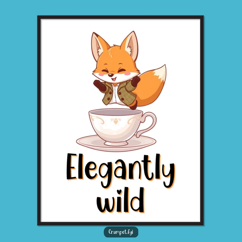 Funny Fox Digital Print - Tweed Jacket Leaping Teacup Art, Instant Dapper Gift