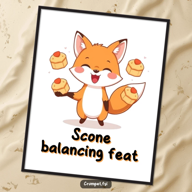 Funny digital art print of a happy fox skillfully juggling three miniature scones, full of delightful energy.