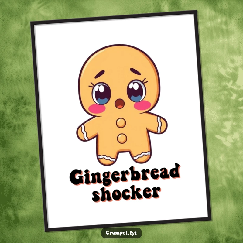 Funny gingerbread man character with wide, shocked eyes, offered as a downloadable digital art print.