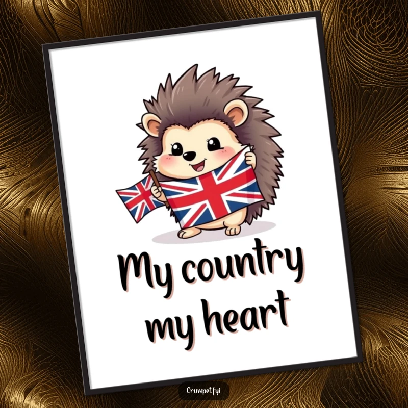 Funny happy hedgehog digital art print holding a Union Jack flag, bringing cheerful British patriotic artwork to walls.