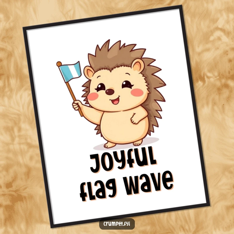 Funny digital art print of a happy hedgehog waving a miniature flag, designed for cheerful wall decor.