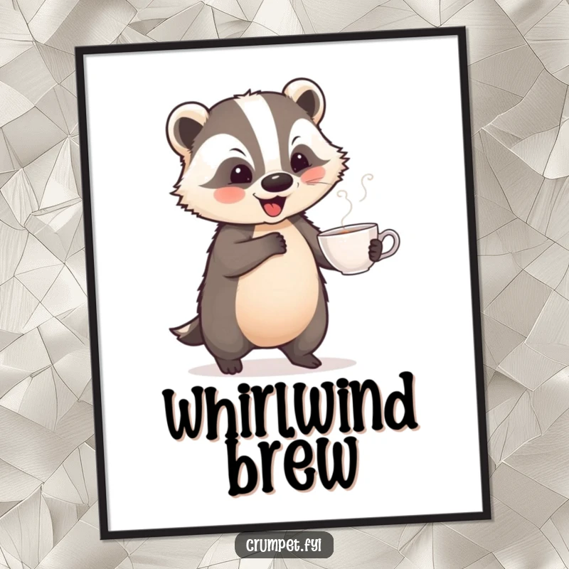 Funny digital art print of a playful badger doing a jaunty dance with a teacup, for instant whimsical humor.