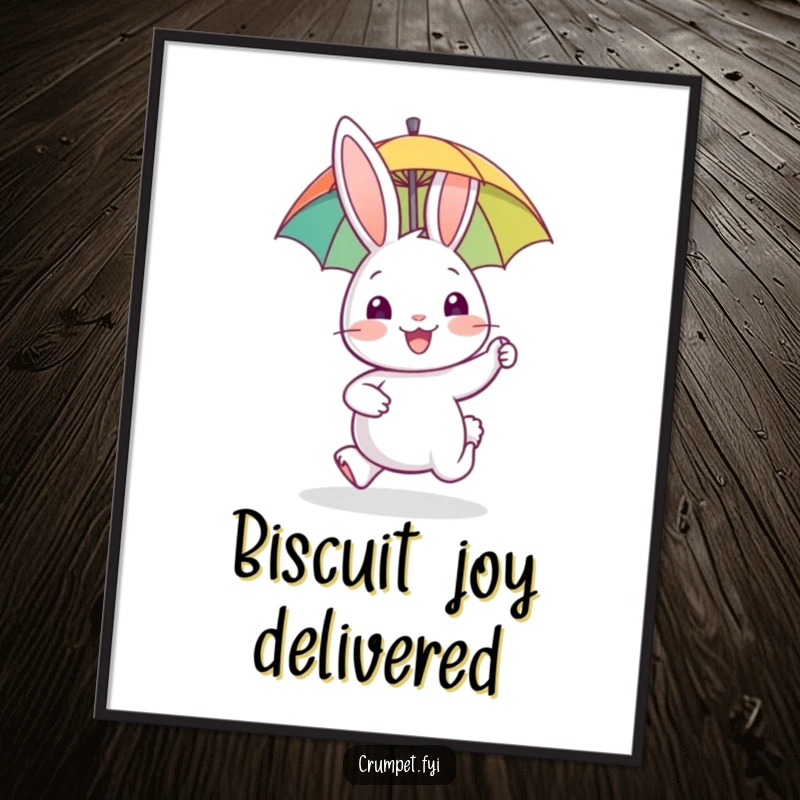 Funny rabbit digital art, happy animal hopping with biscuit, printable wall decor, cheerful cartoon download, instant gift.