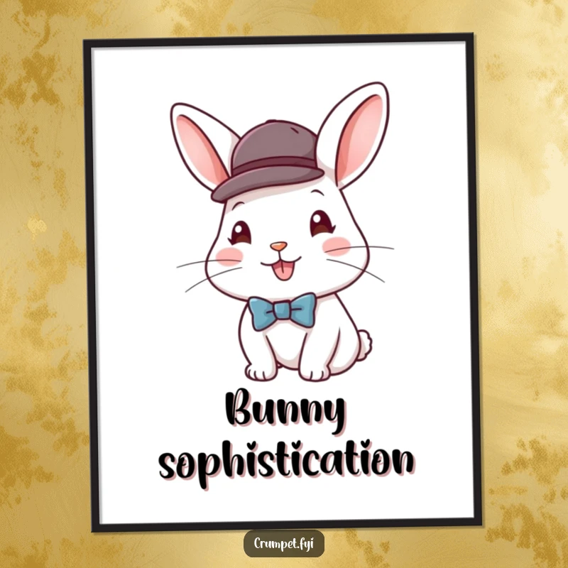Funny digital art print of a happy rabbit wearing a bowler hat and bow tie, bringing sophisticated humor and charm to decor.
