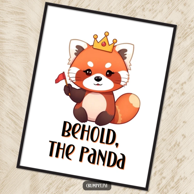 Funny red panda digital art print showing a cute red panda wearing a tiny crown and waving a small flag, ready for display.