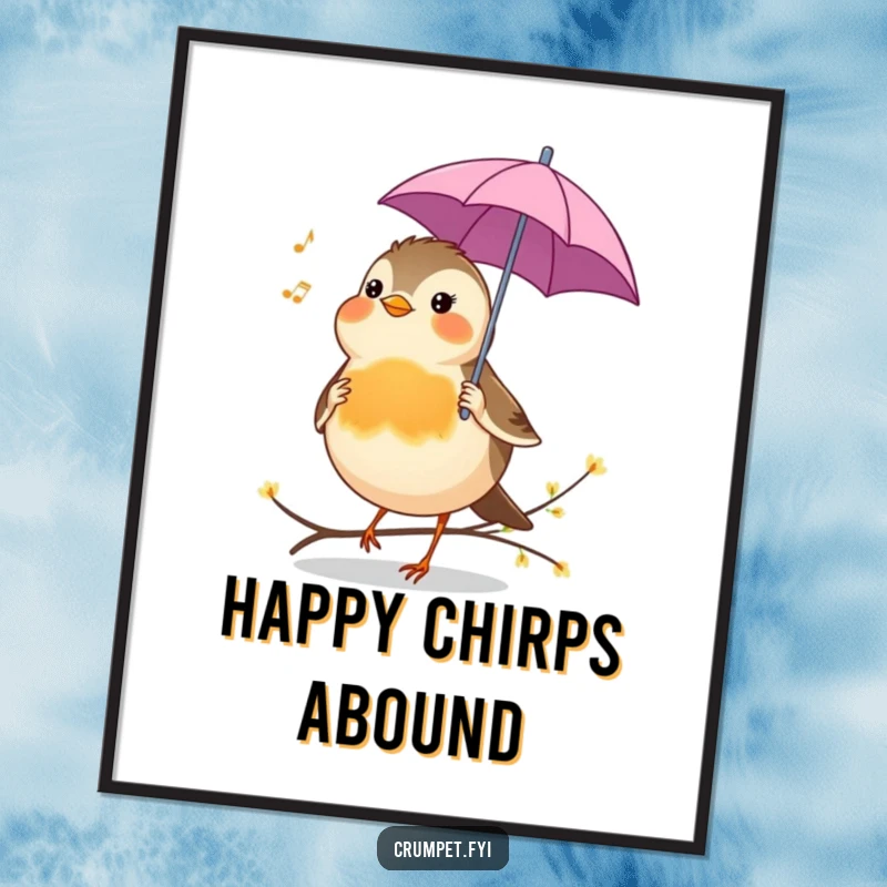 Funny Digital Art Print of a cheerful robin holding an umbrella, singing a tune, perfect for instant decor.