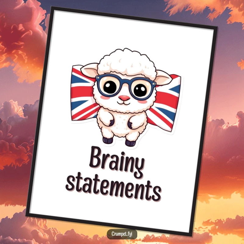 Funny British sheep wearing spectacles peeking from Union Jack flag, humorous digital art print.