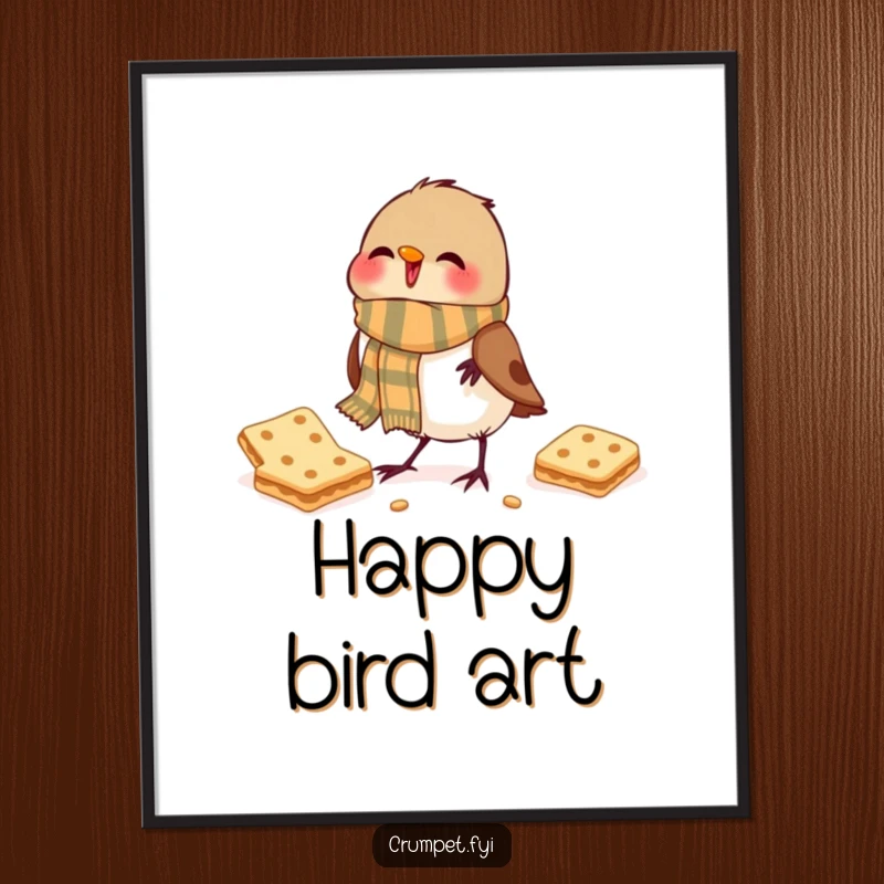 Funny Digital Art Print: Jubilant robin wearing a scarf happily pecks at a biscuit.