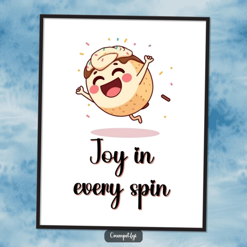 Funny Coffee Cake Digital Art Print of a joyful character cartwheeling with flying sprinkles, perfect for immediate humorous wall decoration.