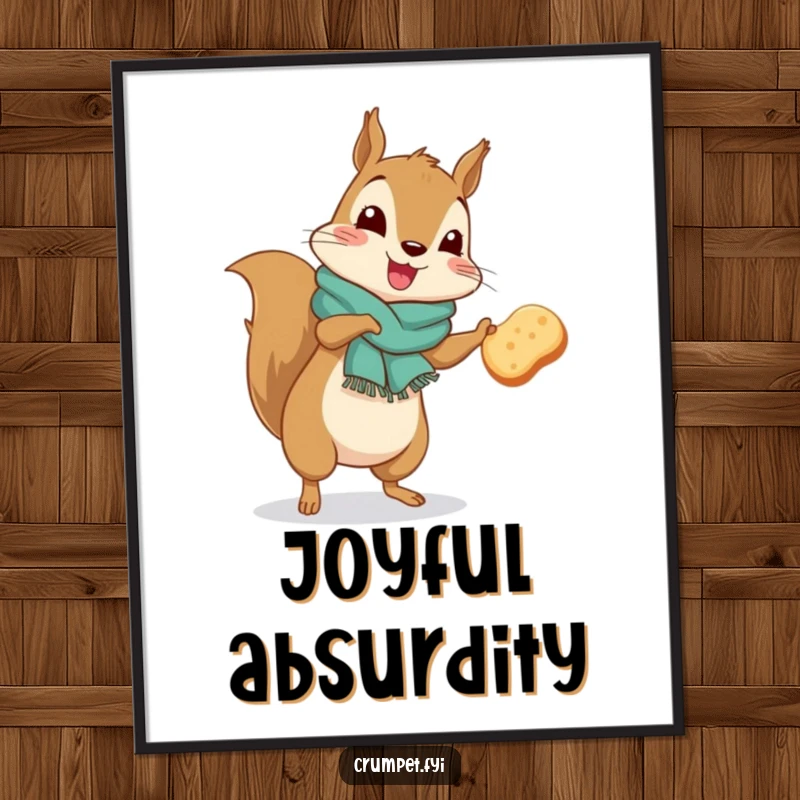 Funny squirrel wearing a scarf doing a silly jig while holding a crumpet, woodland art print.