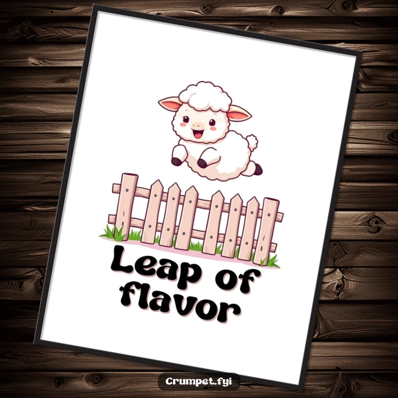Funny sheep digital art print of a fluffy sheep joyfully leaping over a picket fence, perfect for vibrant, humorous wall decor.