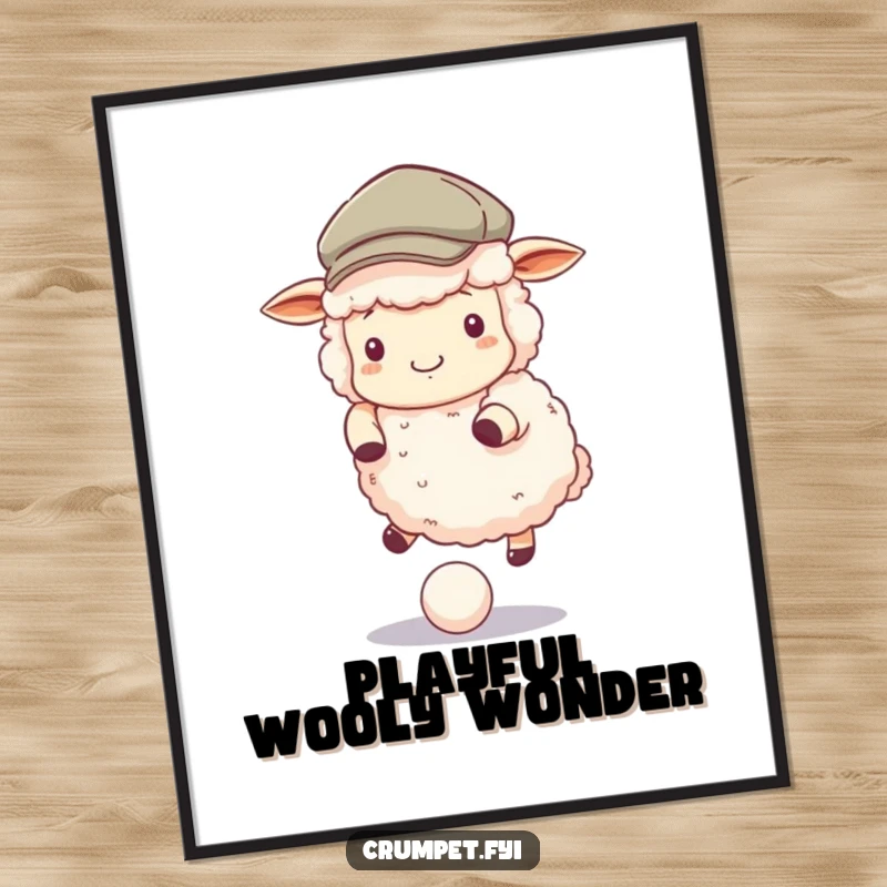 Funny Digital Art Print of a fluffy sheep in a flat cap bouncing a ball, perfect for instant playful decor.