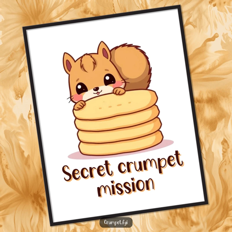 Funny digital art print of a curious squirrel peeking from behind crumpets, ideal for whimsical decor.