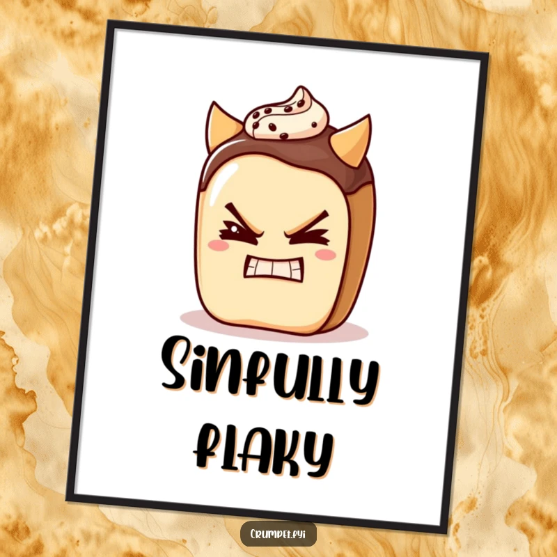 Funny pain au chocolat character winking with a devilish grin, offered as a downloadable digital art print.