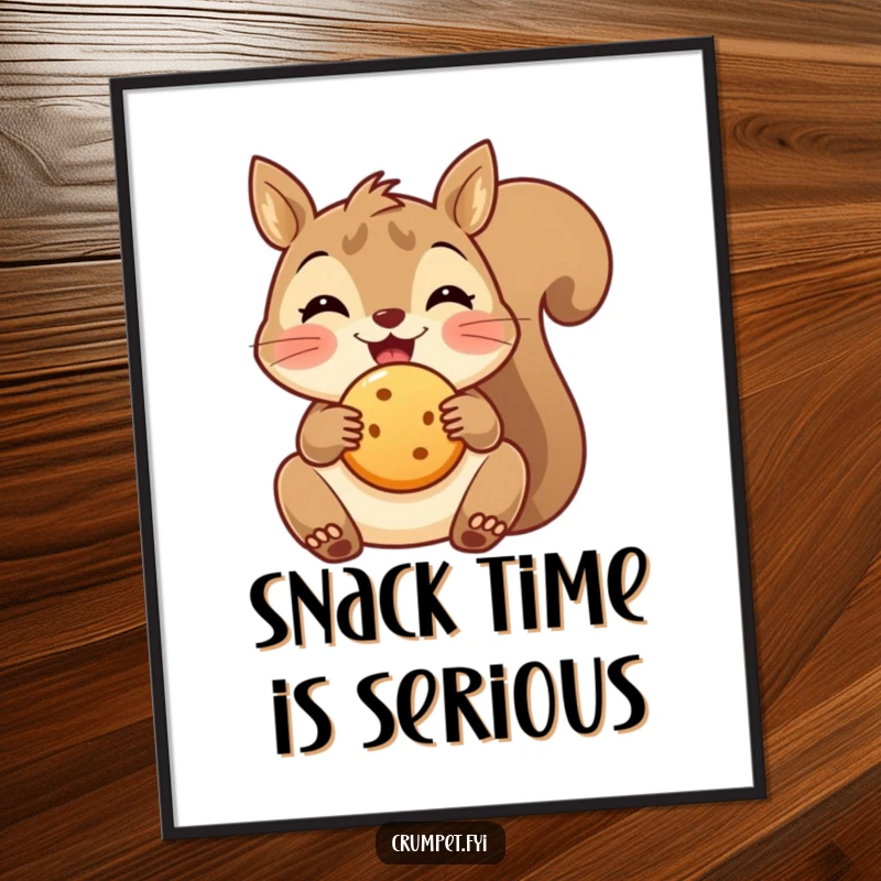 Funny delighted squirrel digital art print holding a round biscuit, bringing cheerful snack-time charm to walls.