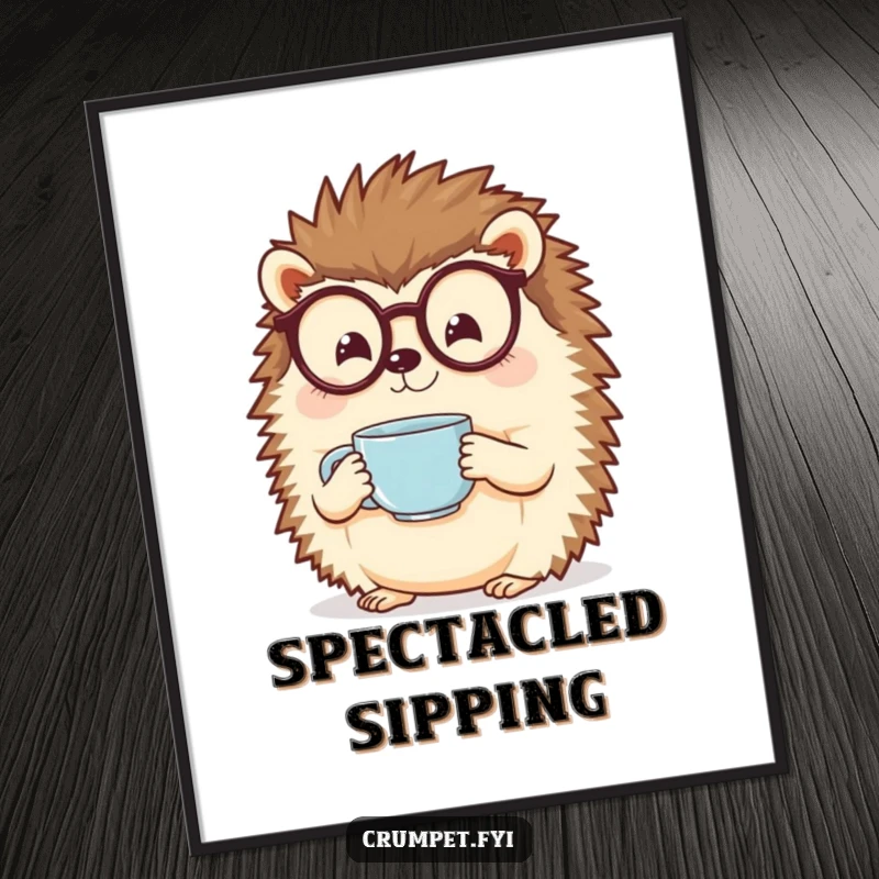 Funny hedgehog with spectacles holding a steaming teacup, as a downloadable art print. A cozy funny gift.
