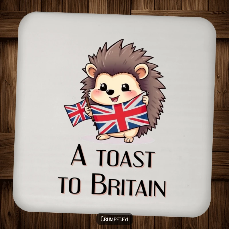 Funny happy hedgehog coaster proudly holding a Union Jack flag, protecting surfaces with patriotic charm.