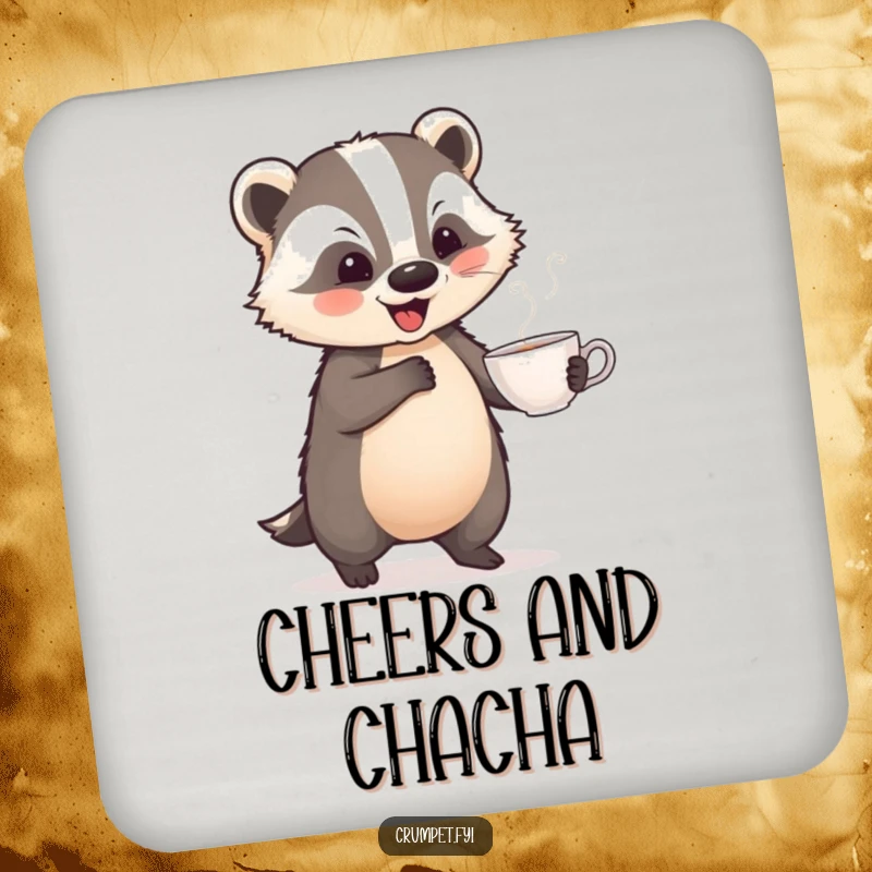 Funny drink coaster featuring a playful badger performing a jaunty dance with a teacup, adding whimsical humor to any table.