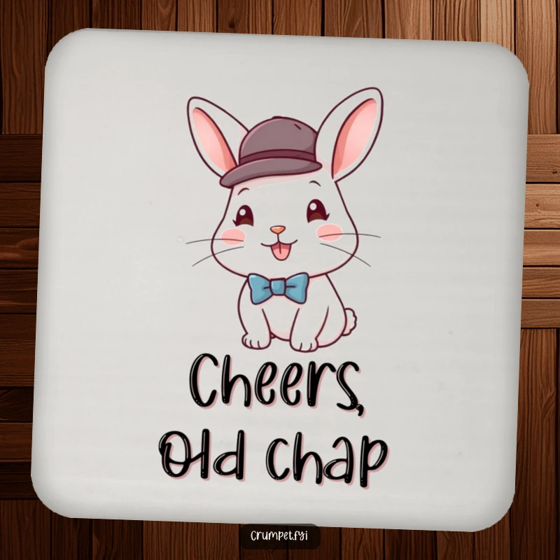 Funny drink coasters featuring a happy rabbit wearing a bowler hat and bow tie, protecting surfaces with dapper and humorous style.