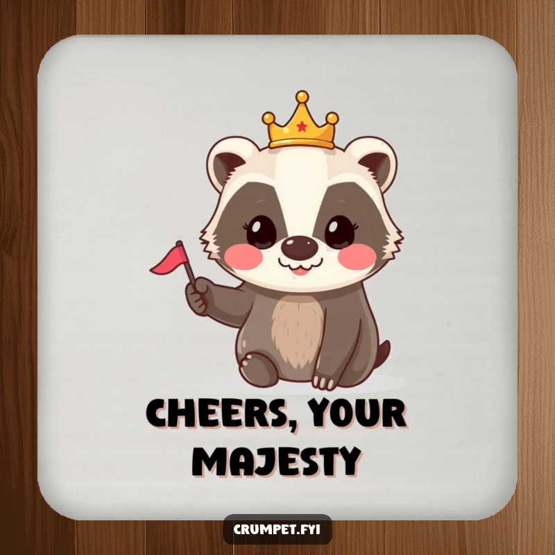 Funny Badger Crown Flag Coaster: A smiling badger in a tiny crown waves a small flag, a charming addition to drinks.