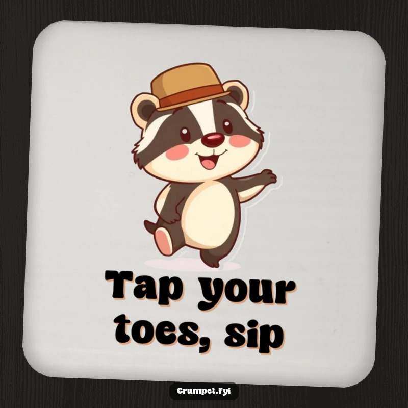 Funny Badger Coaster: A smiling badger wearing a bowler hat taps its foot energetically, safeguarding surfaces with dapper humor.