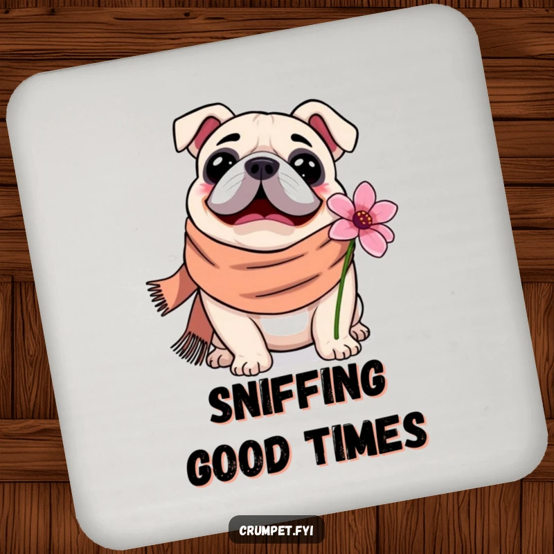 Funny Coasters featuring a bulldog in a scarf happily sniffing a flower, protecting furniture with adorable charm and a touch of floral delight.