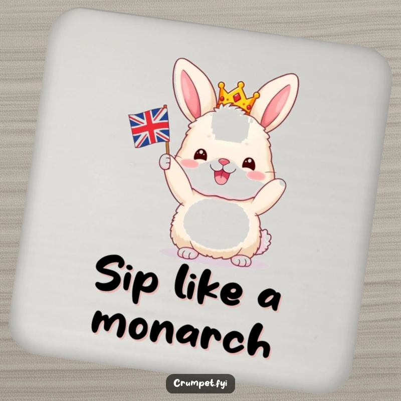 Funny Bunny Coaster: A fluffy bunny wearing a crown joyfully waves a miniature Union Jack, safeguarding surfaces with British humor.