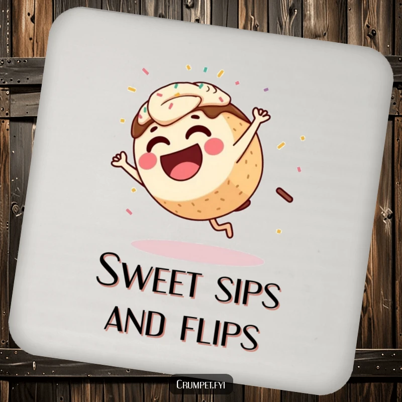 Funny Coffee Cake Coaster featuring a laughing character performing a cartwheel with sprinkles, a humorous addition to any table.