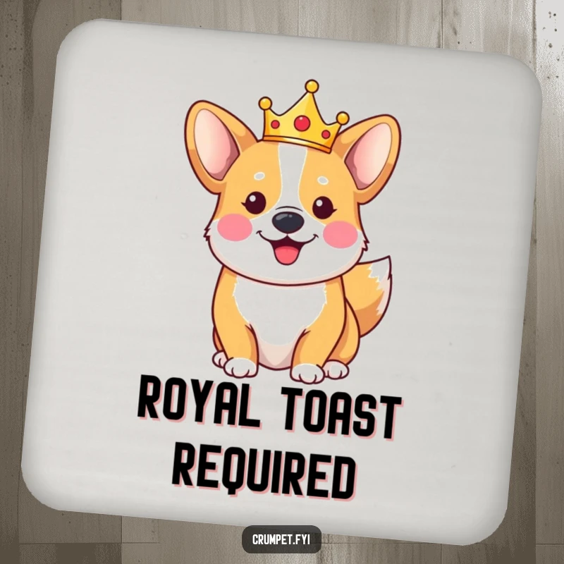Funny happy corgi coaster wearing a small crown, tail wagging, protecting surfaces with royal canine charm.
