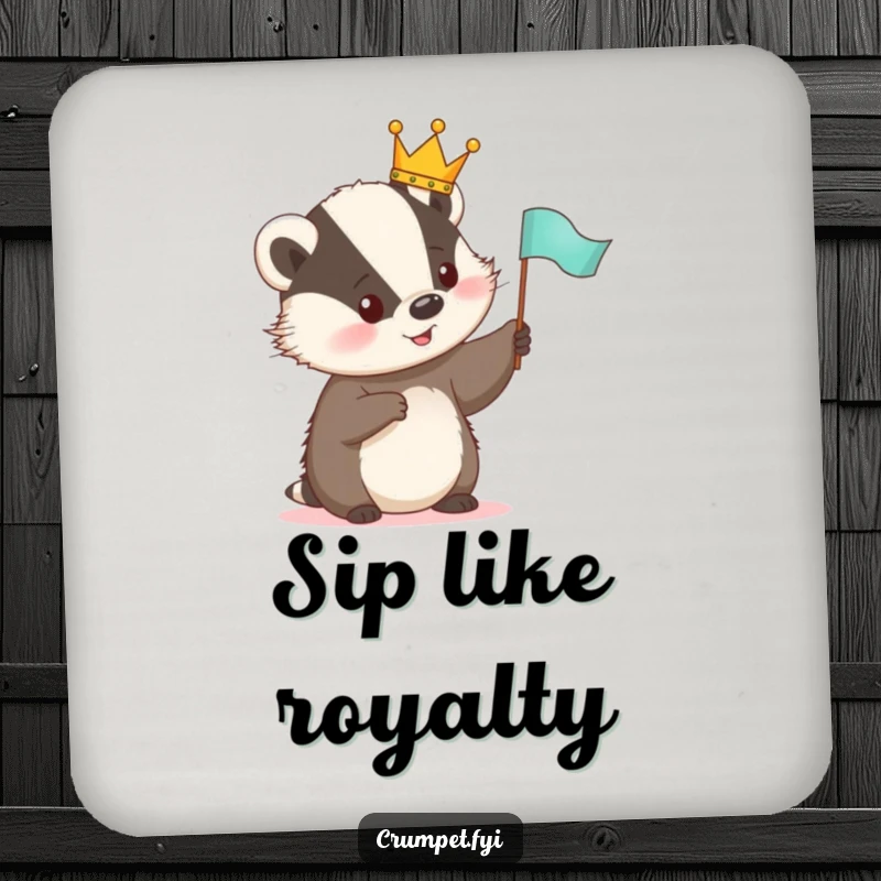 Funny Coaster featuring a cute badger wearing a crown, happily waving a flag, protecting surfaces with charm.