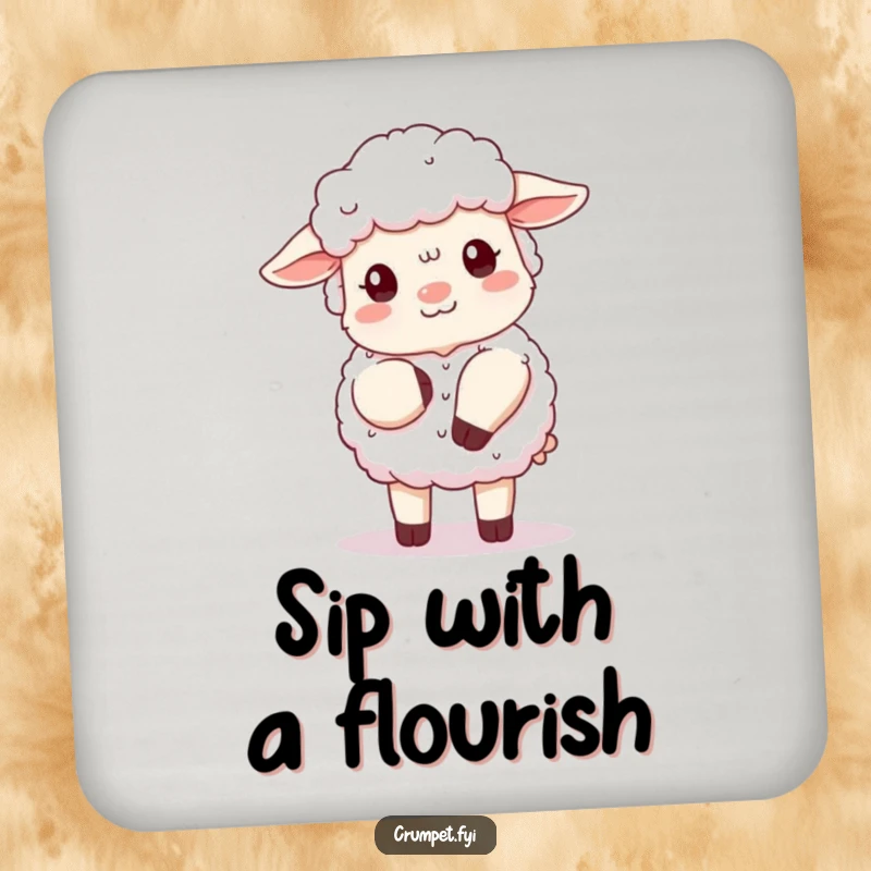 Funny fluffy sheep coaster with a polite sheep doing a clumsy curtsy, perfect for protecting furniture and a humorous gift.